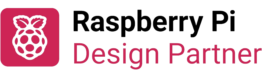 The logo for a RaspberryPi Design Partner. Utilising the red RaspberryPi logo icon, as well as black and red text.
